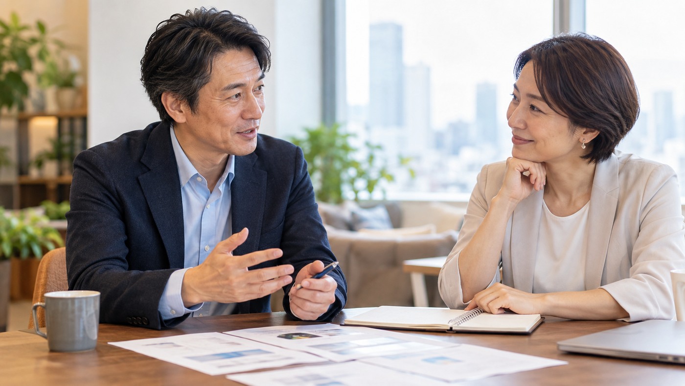 40代の日本人会社員が日本人の相談相手とキャリアについて対話する様子