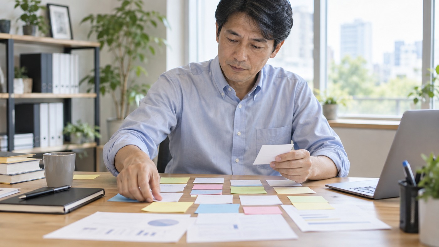 40代の日本人会社員が付箋で経験を分類する様子