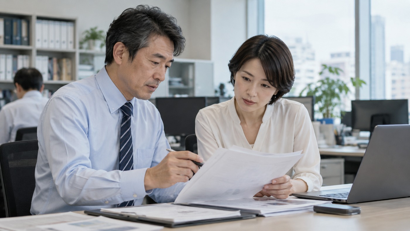 40代の日本人会社員が同僚と資料を確認しながら実務を進める様子