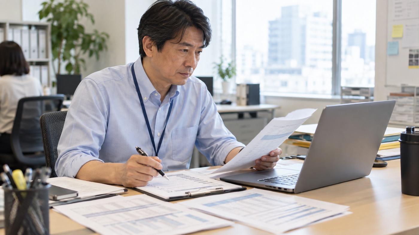 40代の日本人会社員が表計算資料やPCを使って業務改善を進める様子