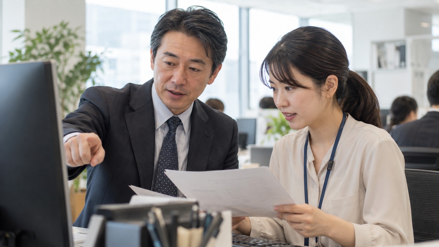 40代の日本人会社員が若手社員に仕事を教える様子