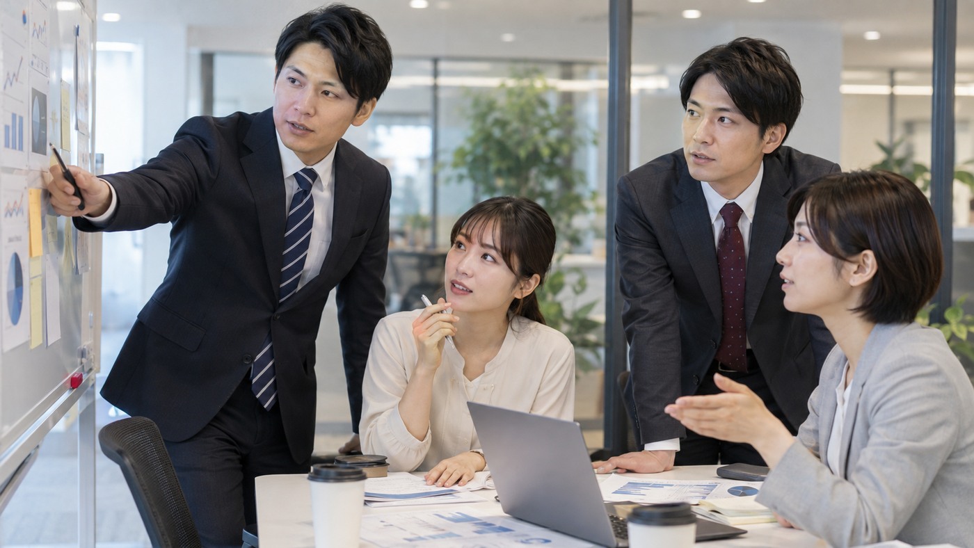 日本人社員のチームが資料を囲み問題解決について話し合う様子