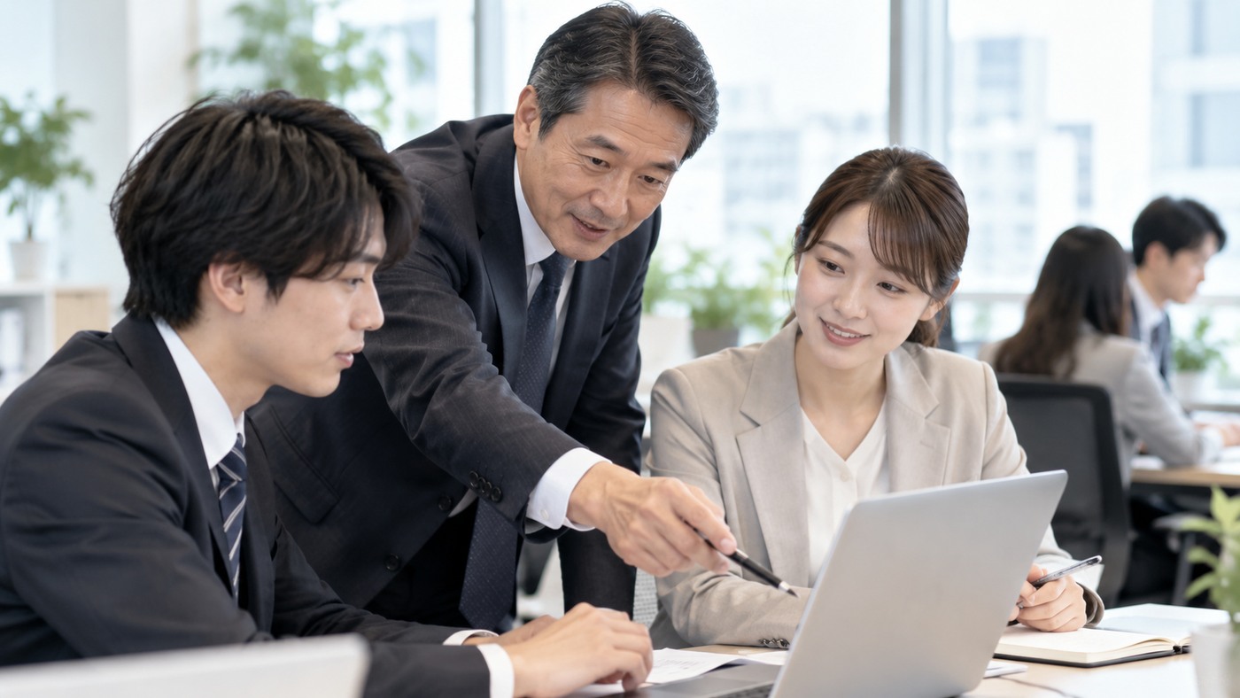 40代の日本人会社員が若手や同僚を支えながら仕事を進める様子