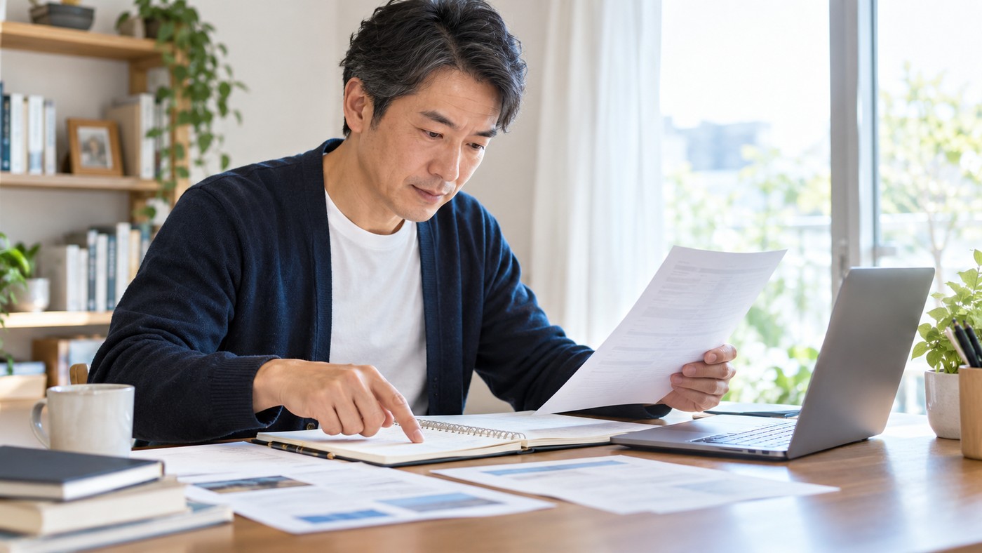 40代の日本人会社員が求人情報と自分の経験を照らし合わせる様子