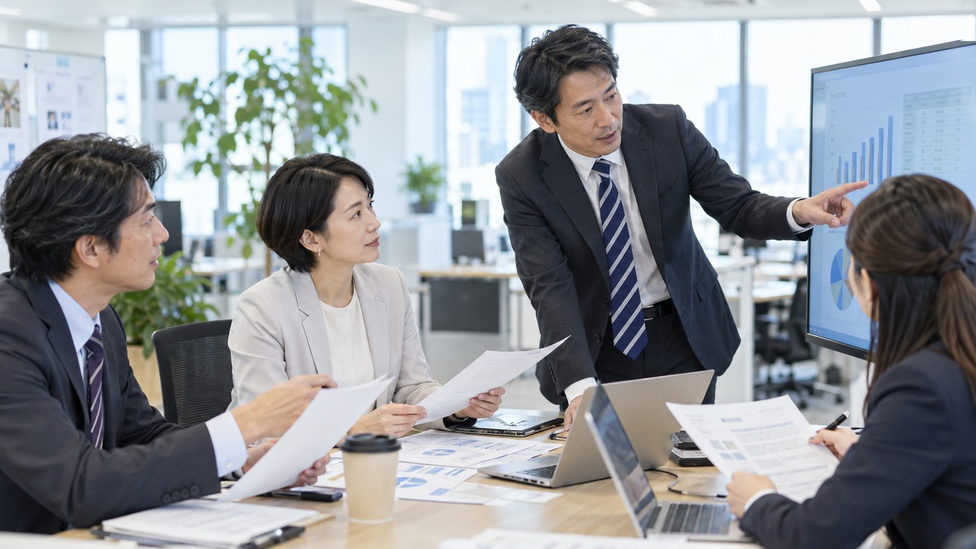 40代の日本人会社員が複数の関係者と仕事を調整する様子