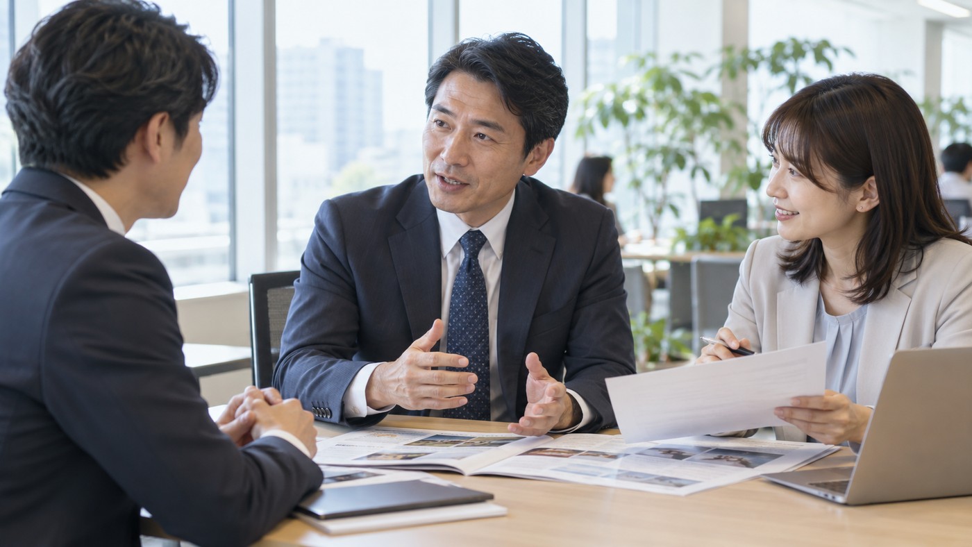 40代の日本人会社員が経験を活かして同僚と仕事を進める様子