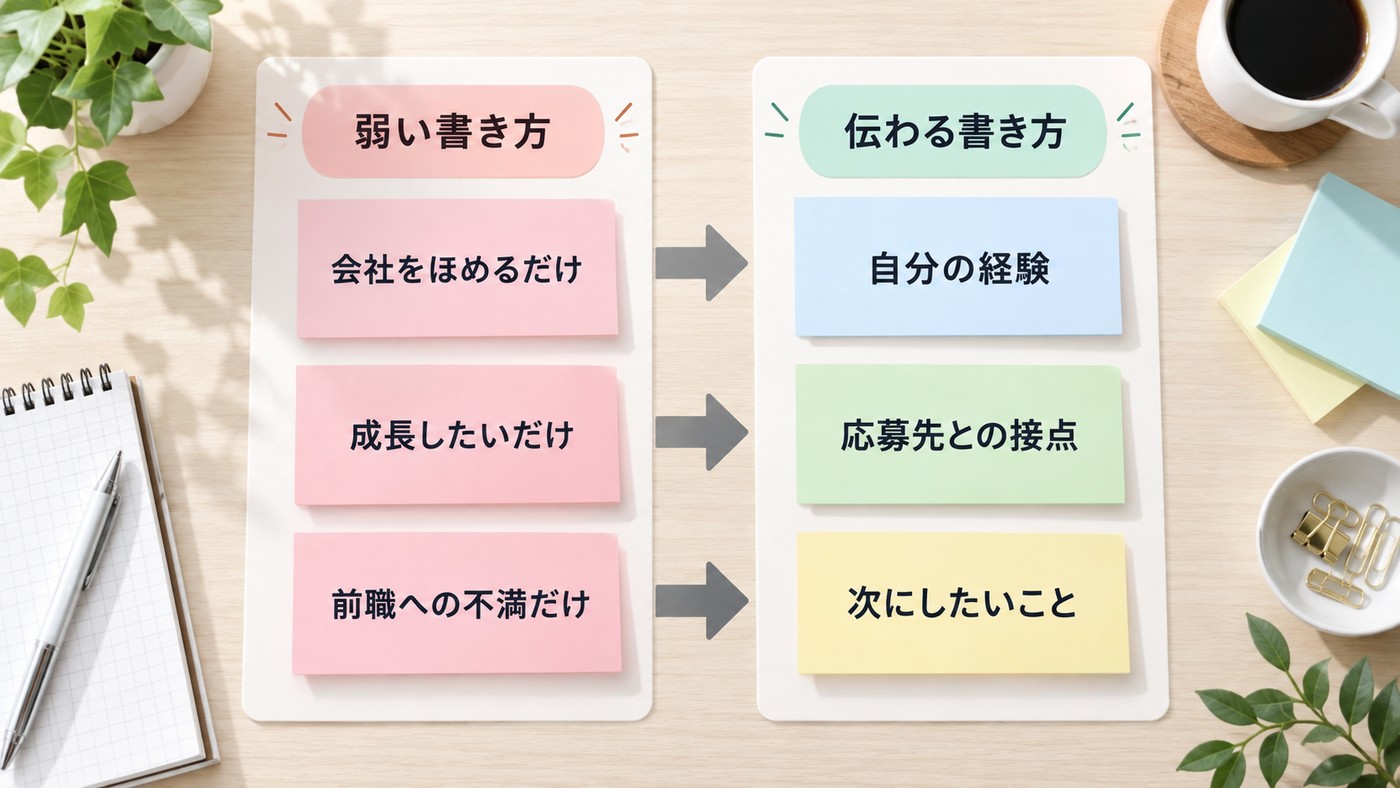 弱い志望動機から経験と応募先の接点が伝わる書き方へ整理する図