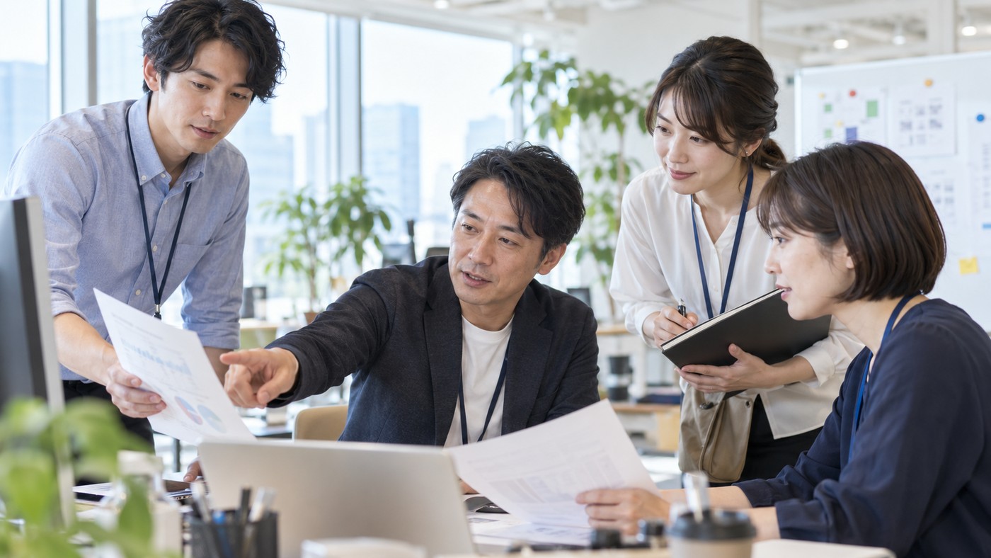 40代の日本人会社員が新しい職場で学びながら経験を活かす様子