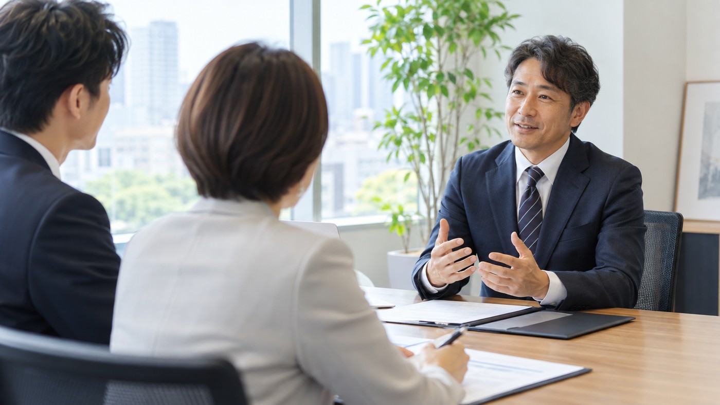 40代の日本人応募者が面接で自分の志望理由を説明する様子