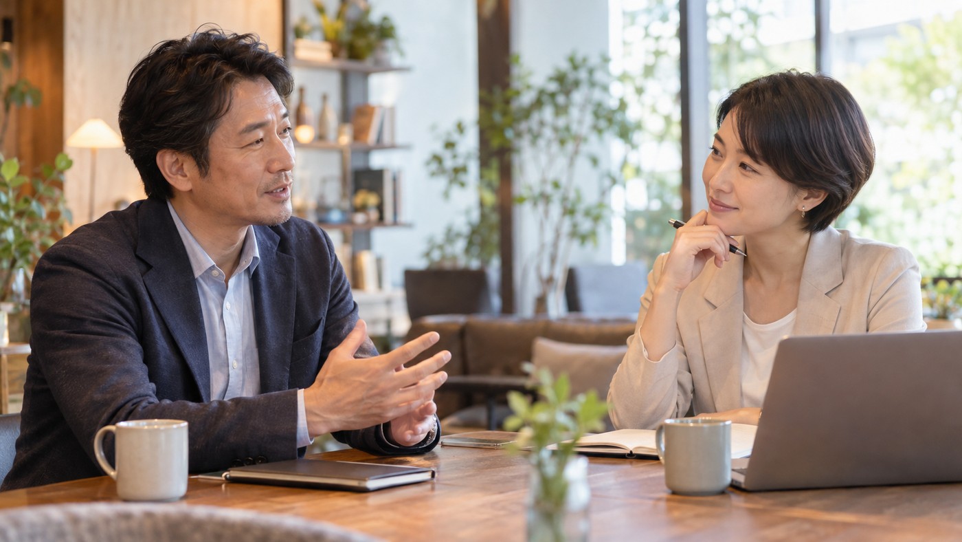 40代の日本人会社員が第三者との対話で志望理由を整理する様子
