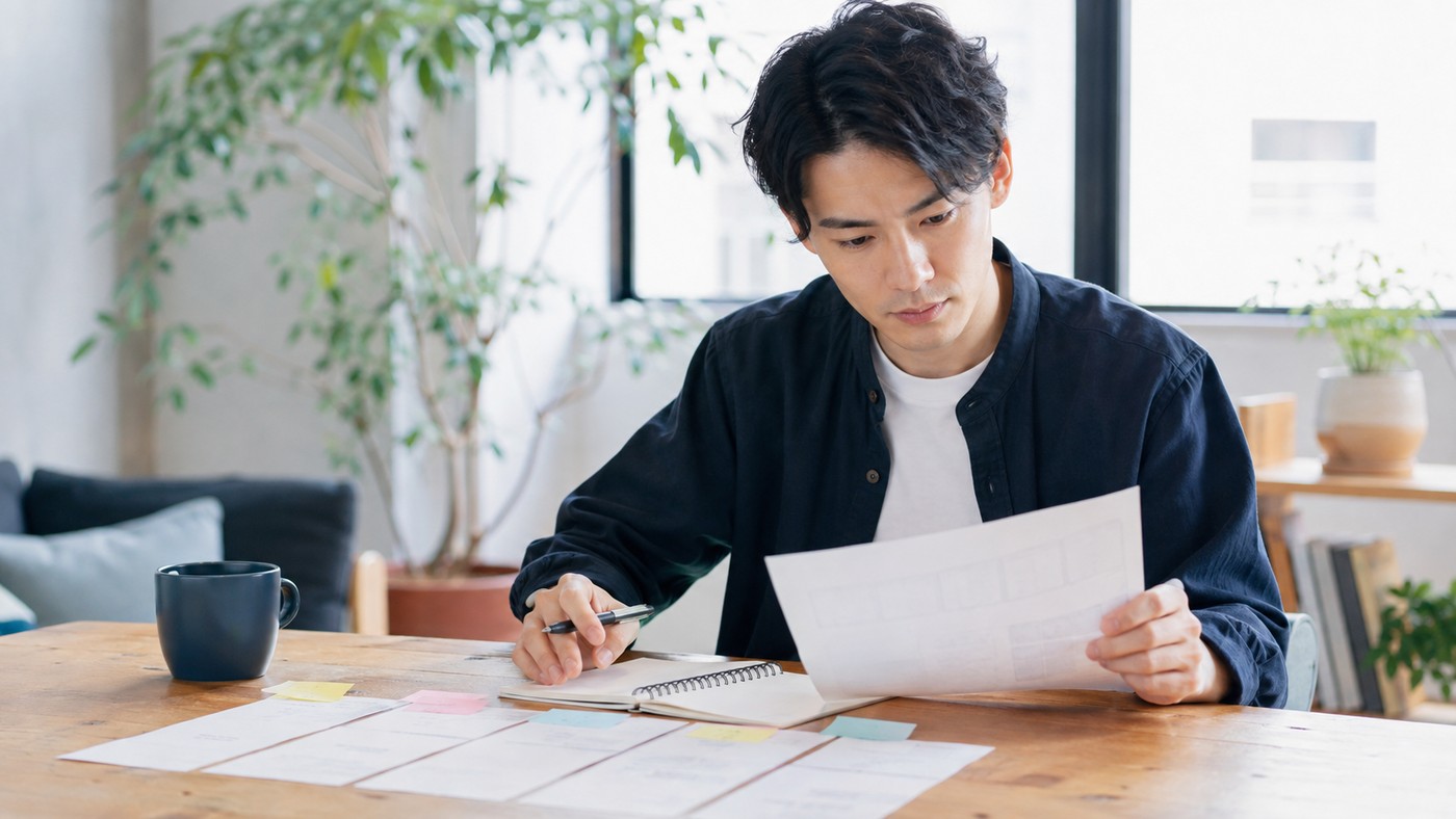 40代の日本人会社員が職務経歴を整理している様子