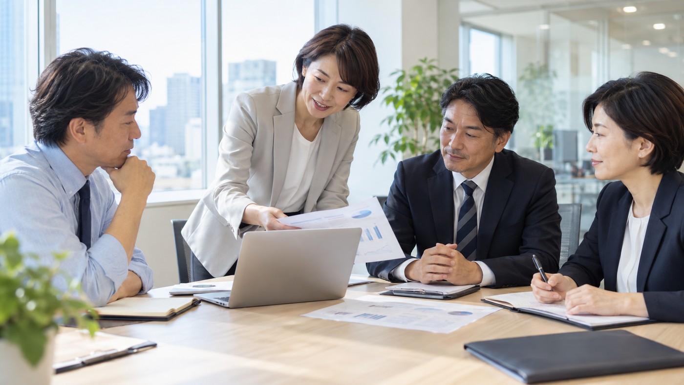 40代の会社員が部署間の調整を行っている仕事風景