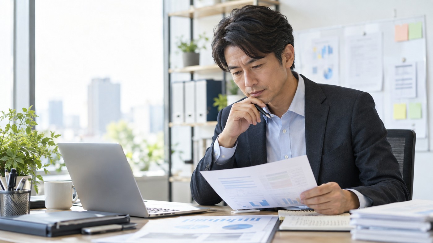 40代の会社員が資料や数値を確認しながら業務改善に取り組む様子