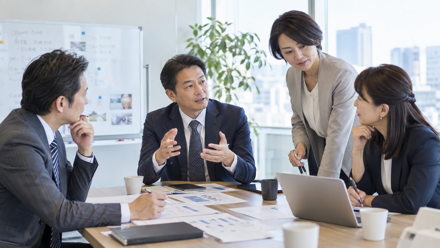 仕事上の問題をチームで振り返り改善策を考える様子