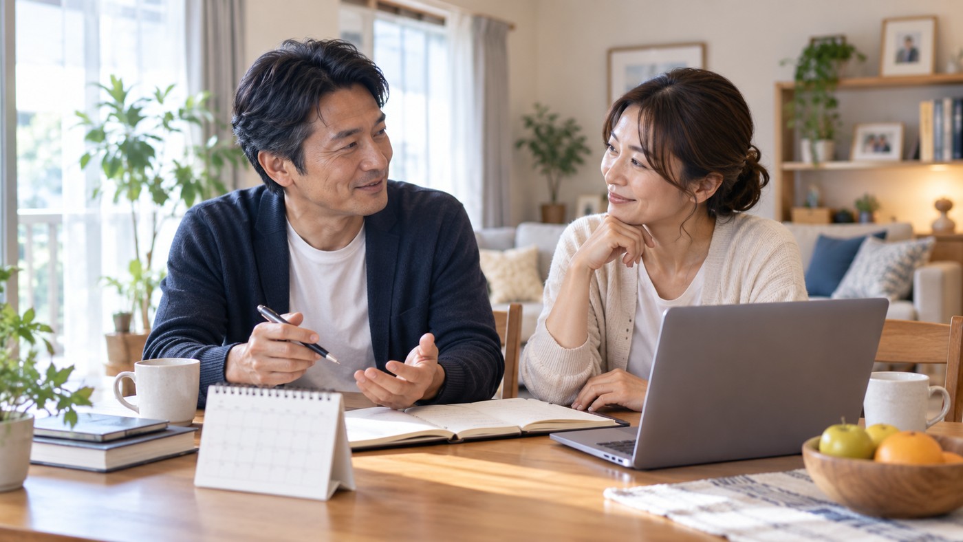 40代の夫婦が家族や暮らしを含めて今後の働き方を考える様子