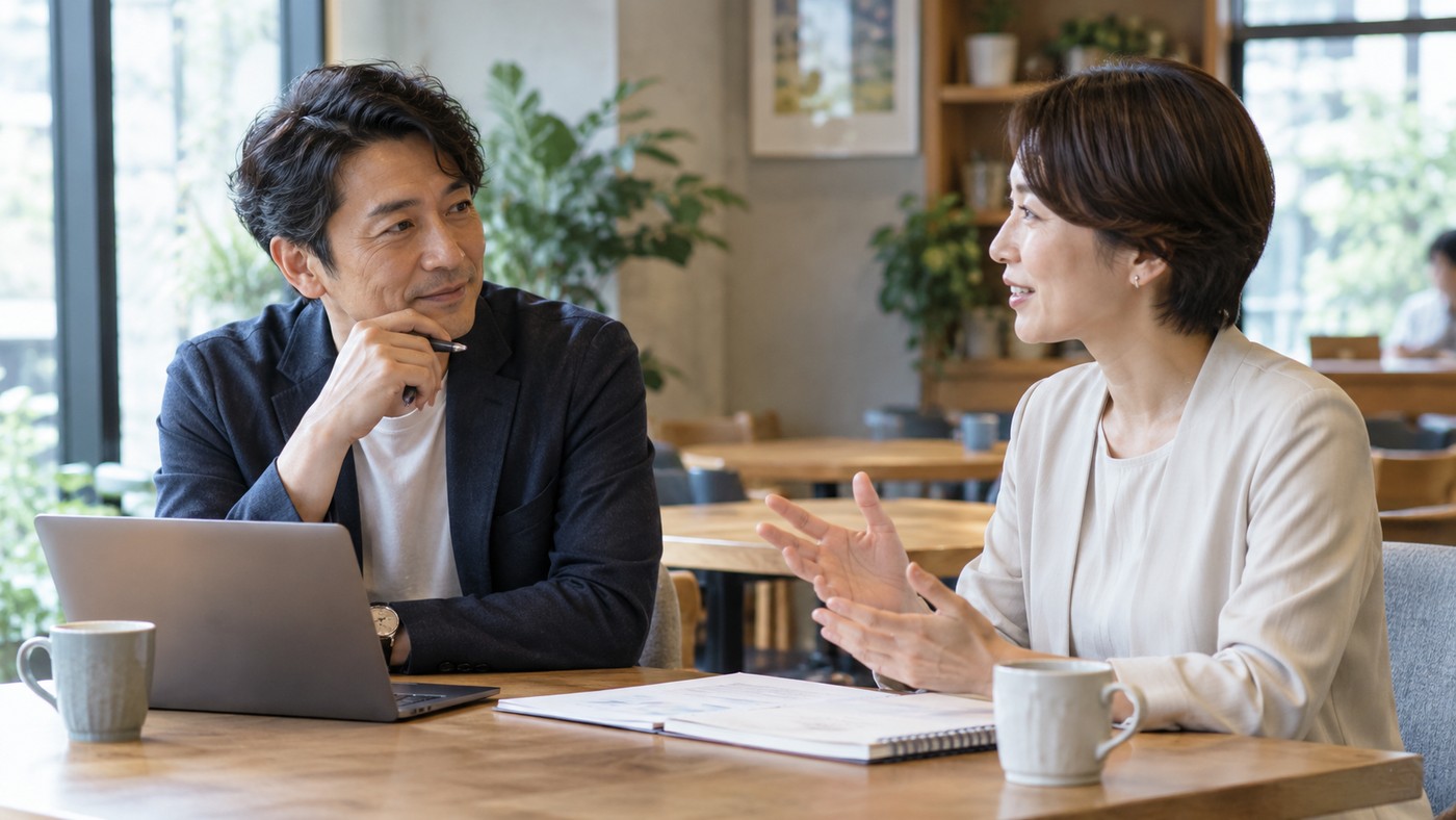40代の日本人会社員が日本人の相談相手と落ち着いてキャリアについて対話する様子