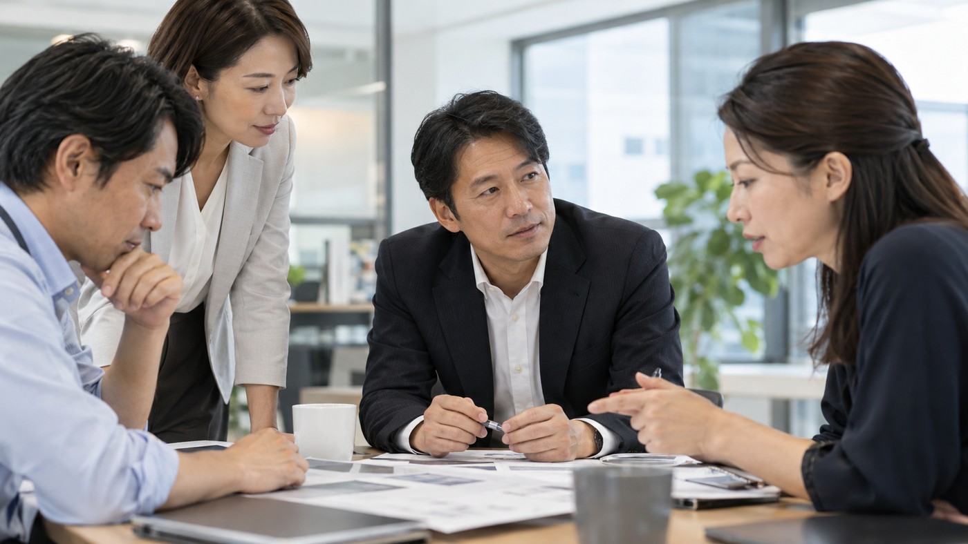 40代の日本人会社員が複数部署の社員の話を聞きながら調整する様子