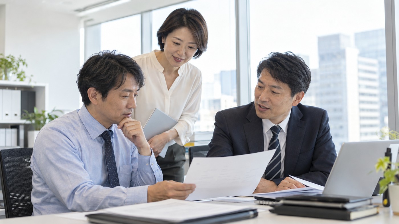 40代の日本人会社員が同僚と資料を確認しながら実務を進める様子