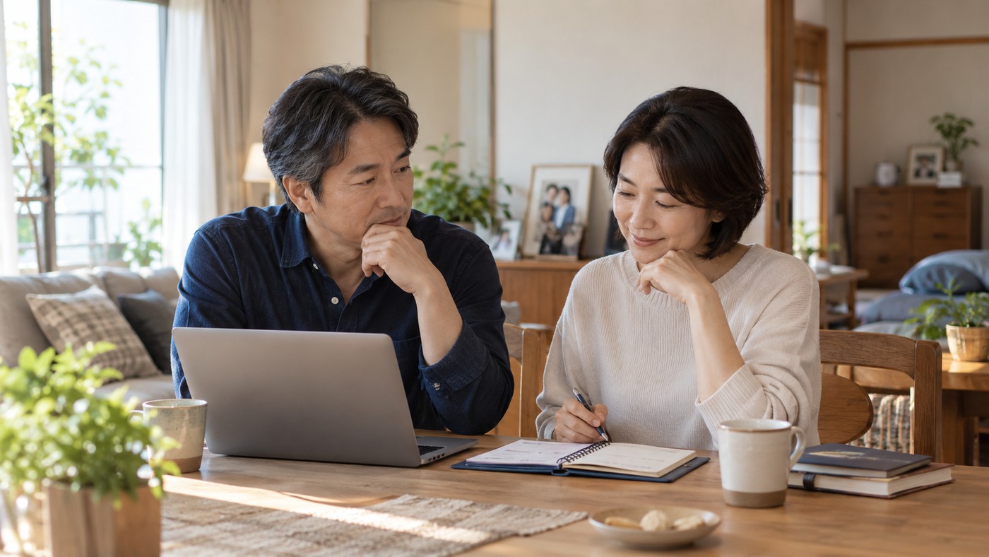 40代の日本人夫婦が自宅でこれからの仕事と暮らしについて話し合う様子