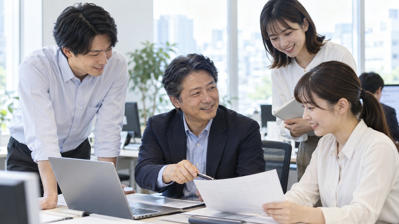 40代の日本人会社員を中心にチームが前向きに仕事を進める様子