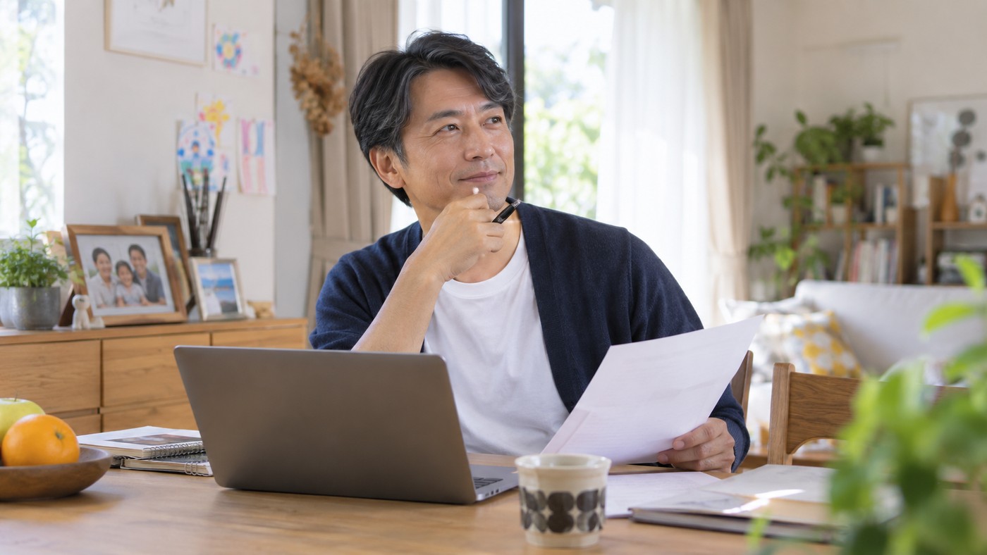 40代の日本人会社員が自宅で家族や暮らしを含めた今後の働き方を考える様子