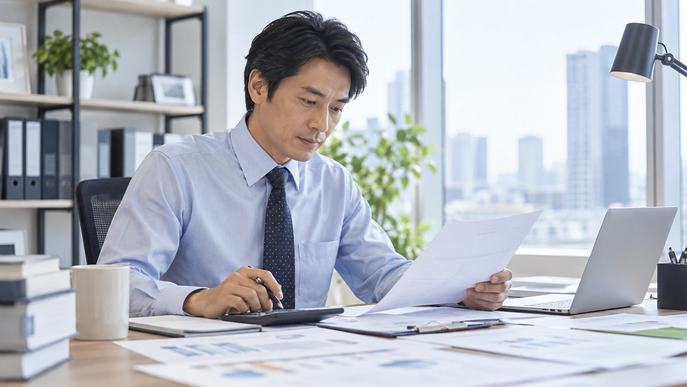 40代の日本人会社員が資料や数字を落ち着いて確認する様子