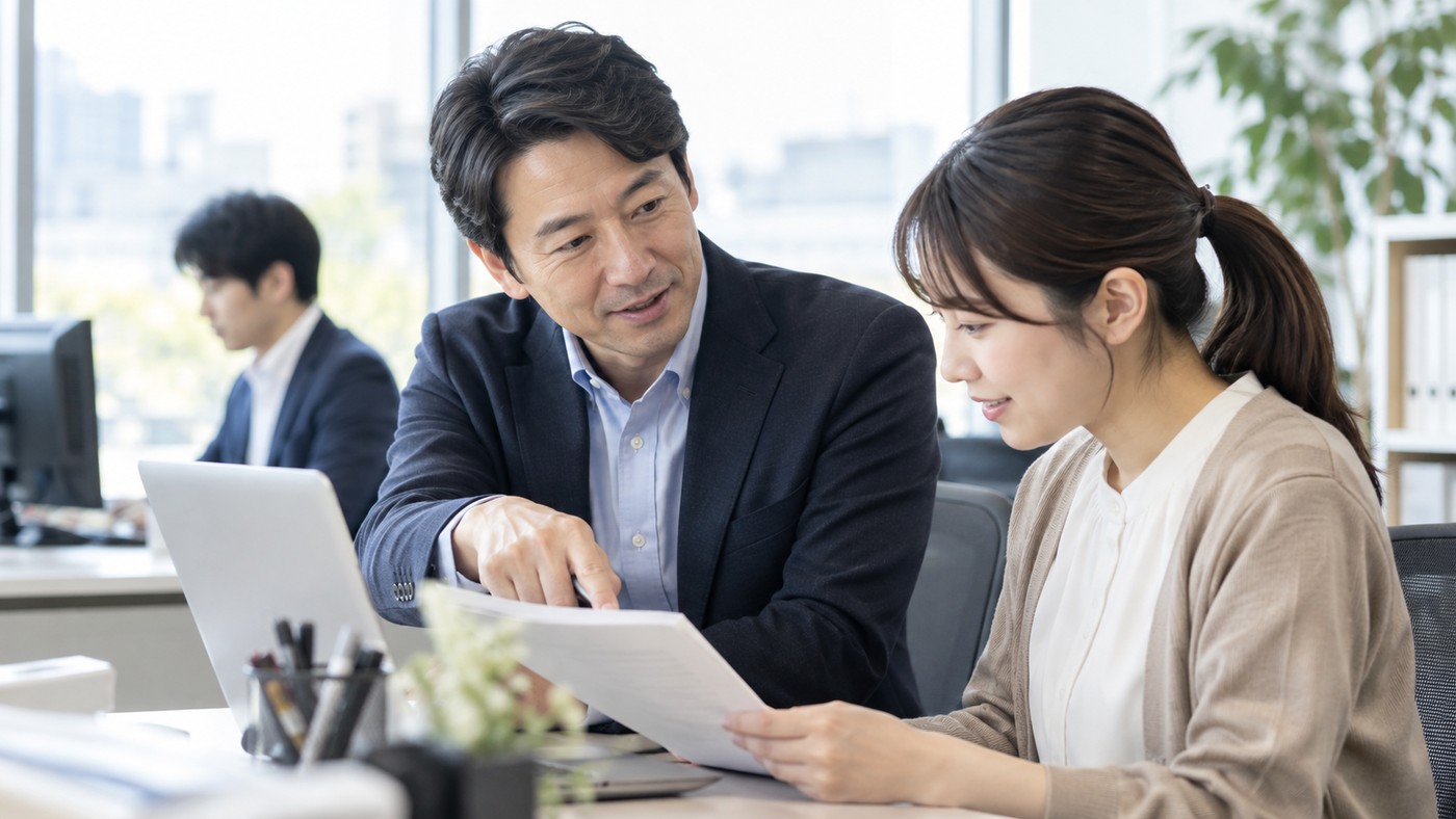 40代の日本人会社員が若手社員から仕事の相談を受ける様子