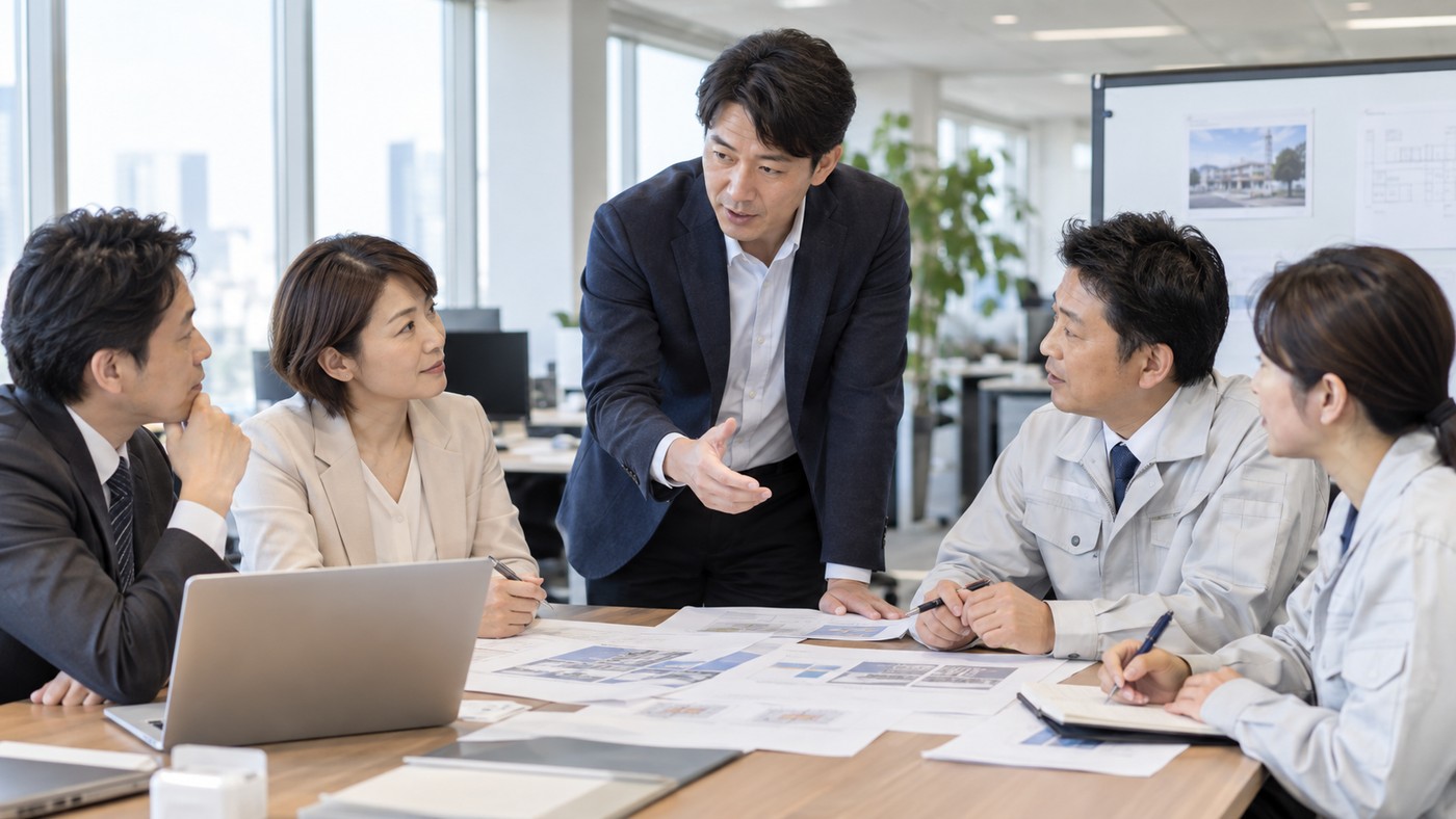 40代の日本人会社員が立場の違う社員と具体的な仕事の条件を調整する様子