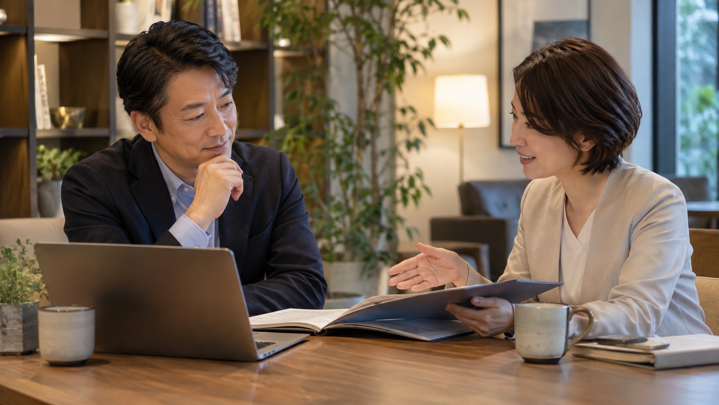 40代の会社員が第三者とキャリアについて相談する様子