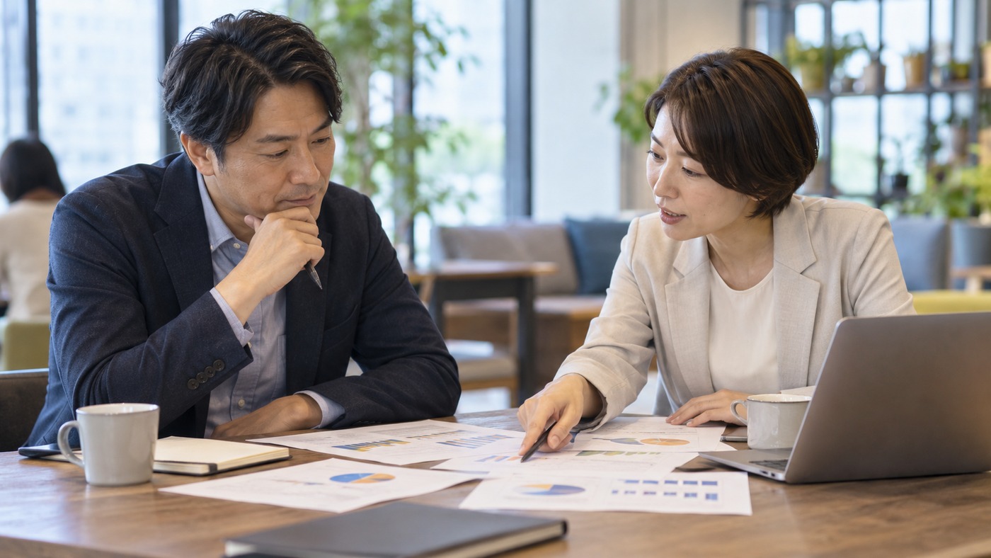 40代の会社員が複数の仕事の選択肢を同僚と比較する様子
