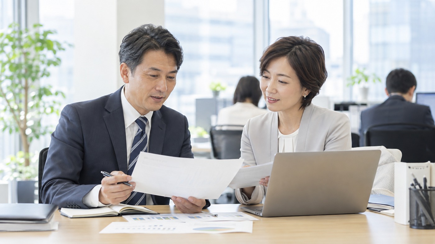 40代の会社員が同僚と資料を確認しながら仕事を進める様子