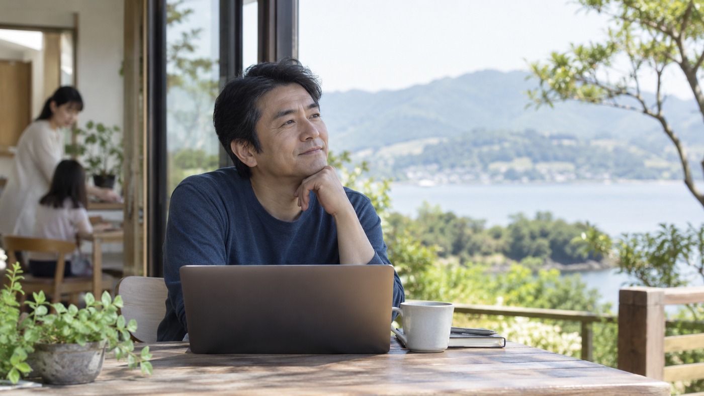 40代の会社員が休日に生活とこれからの働き方を考える様子