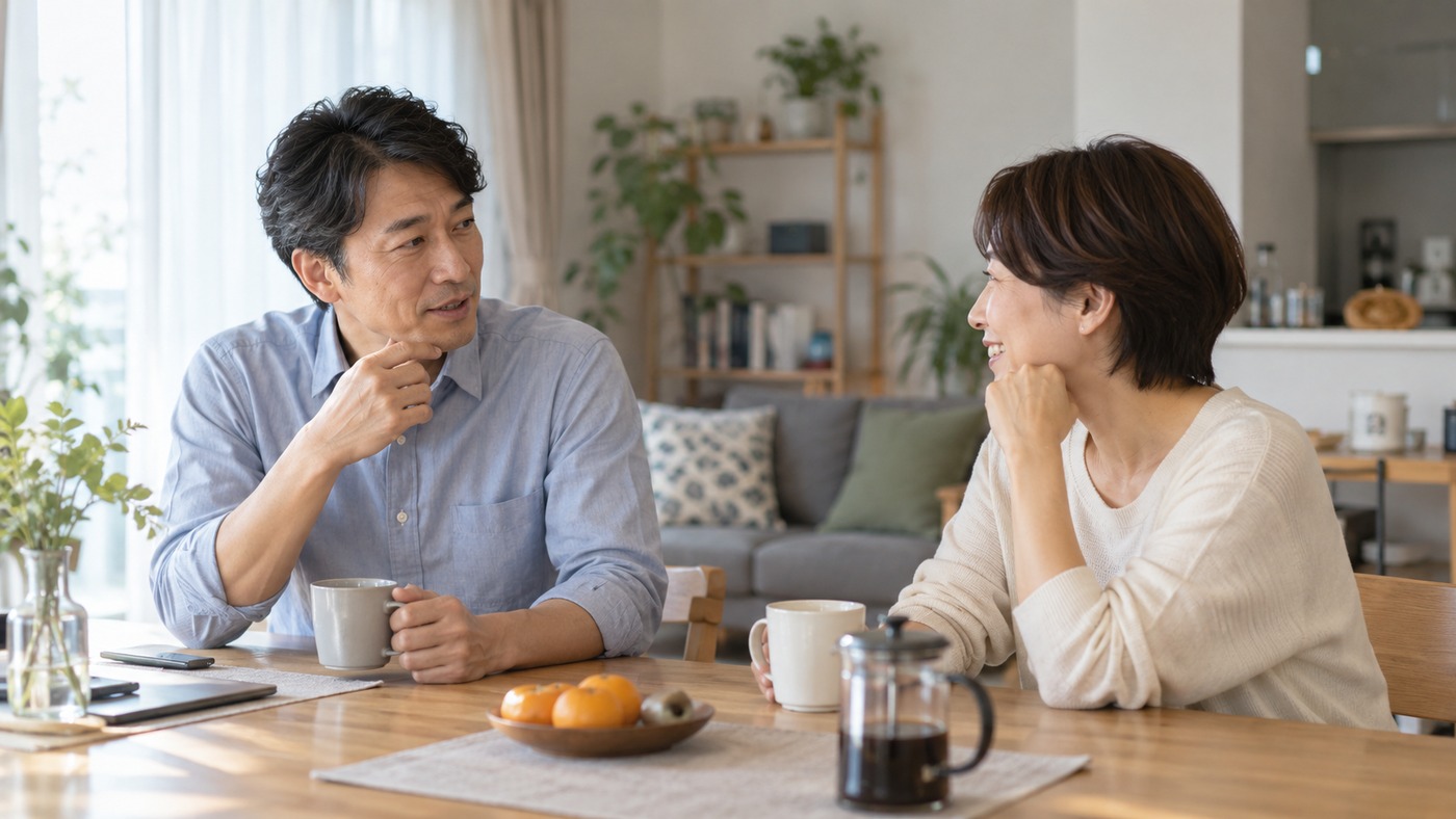 40代の二人が自宅で暮らしと働き方について話す様子