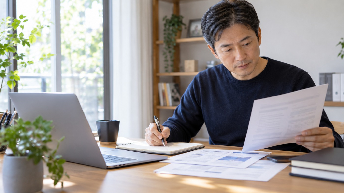 40代の会社員が求人情報と職務経験を自宅で整理する様子