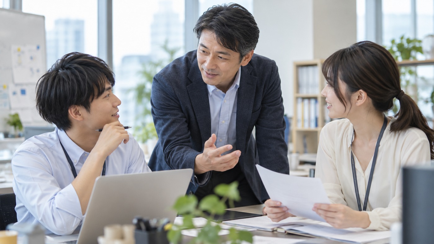 40代の会社員が若手社員に仕事を教える様子