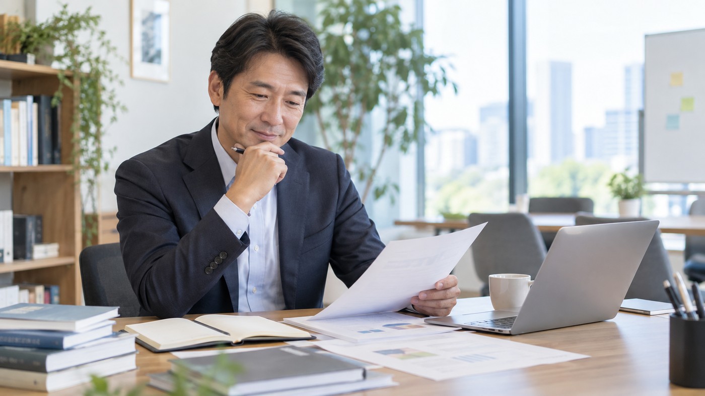 40代の日本人会社員が今後の仕事と学び直しについて考える様子