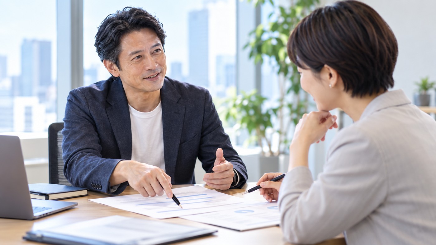 40代の日本人会社員が職場で同僚と相談しながら仕事を整理する様子