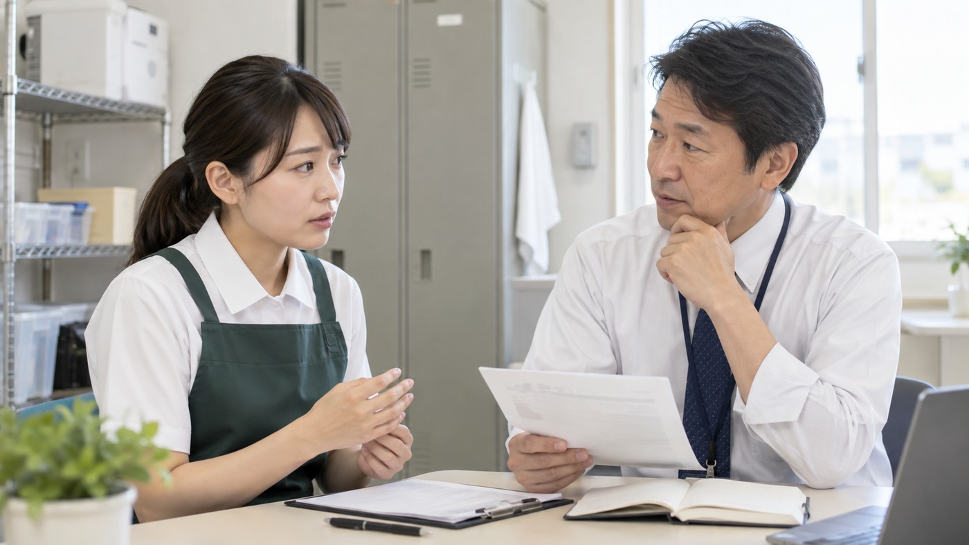 職場で社員から相談を受ける40代の日本人管理職