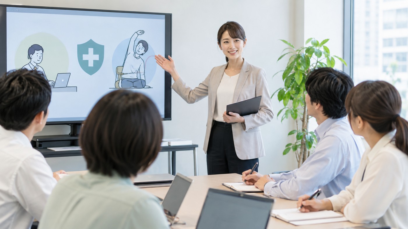 職場で人事や労務に関する研修を受ける日本人社員たち