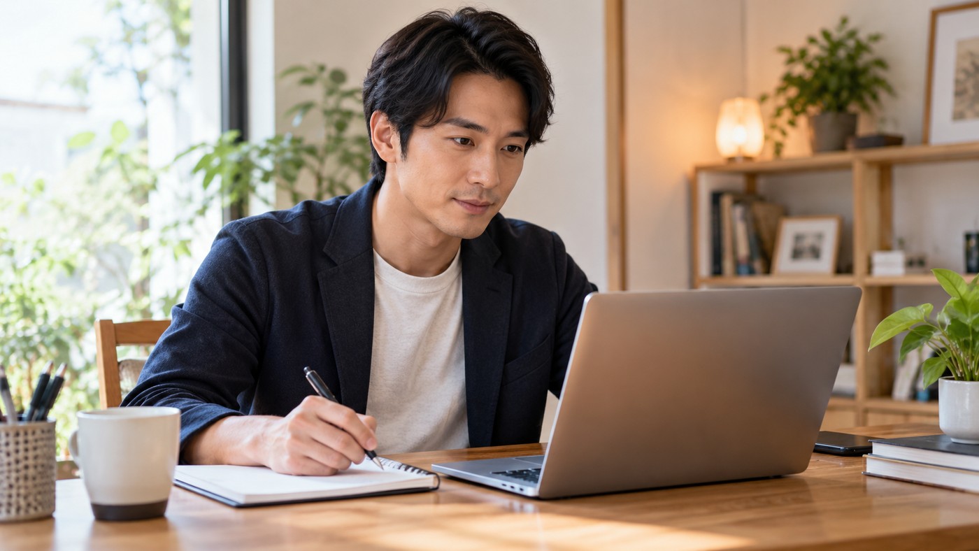 40代の日本人会社員が自宅でオンライン講座を学ぶ様子