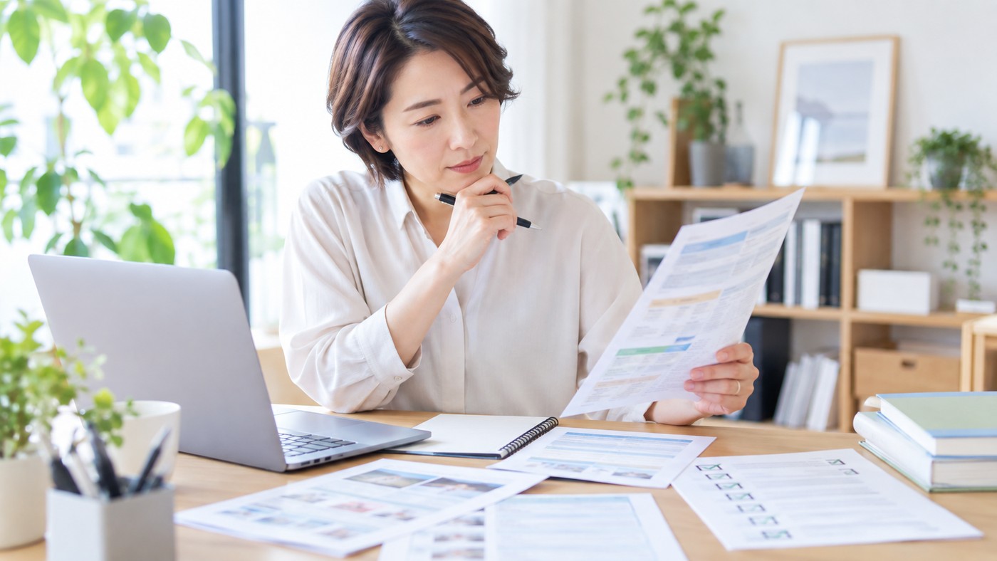 講座内容や費用などを資料で確認する日本人会社員