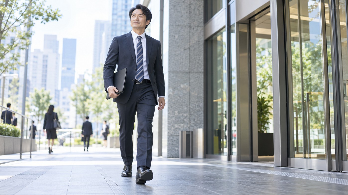 40代の日本人会社員が面接会場へ向かう様子
