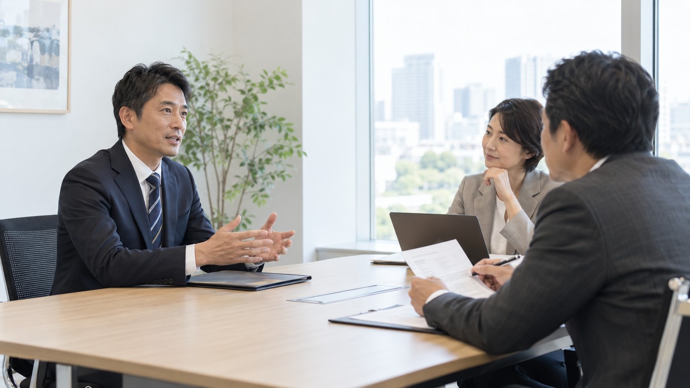 40代の日本人応募者が面接官と自然に対話する様子