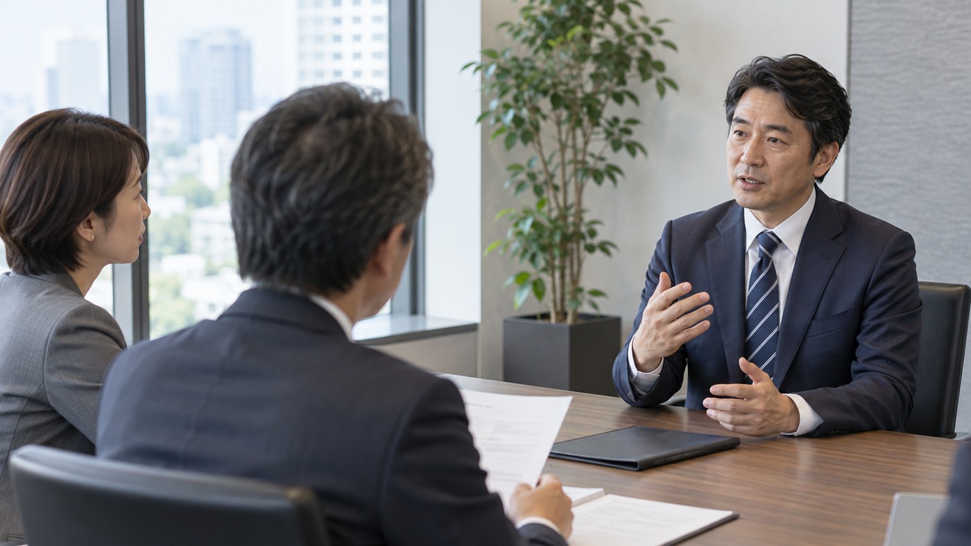 40代の日本人応募者が複数の面接官へ仕事経験を説明する様子
