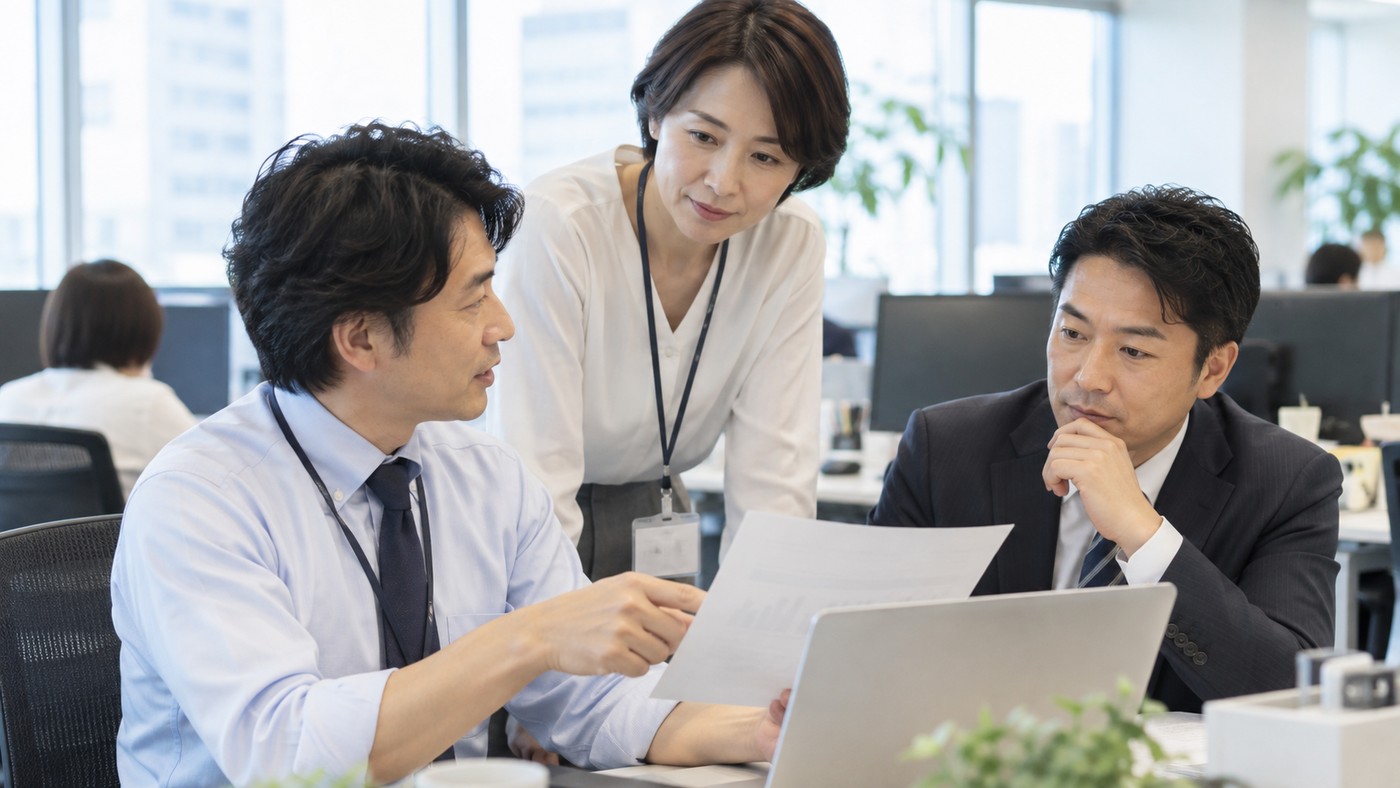 40代の日本人会社員が職場で自分の役割を担いながら関係者と仕事を進める様子