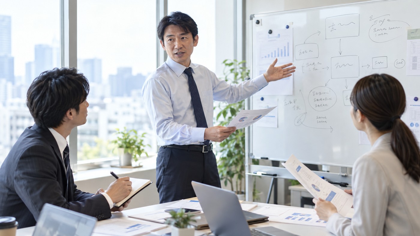 40代の日本人会社員が同僚と業務改善の方法を検討している様子