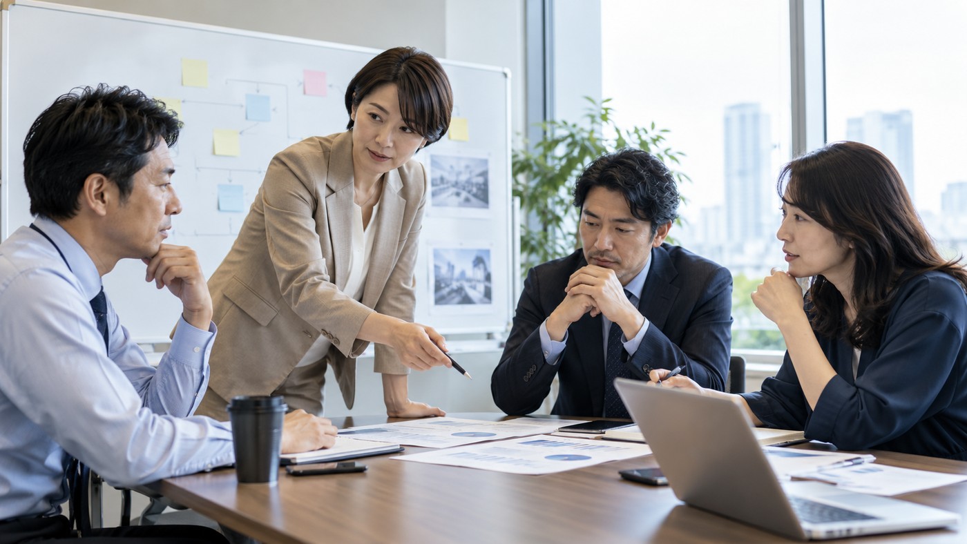 仕事上の問題をチームで振り返り改善策を考える様子