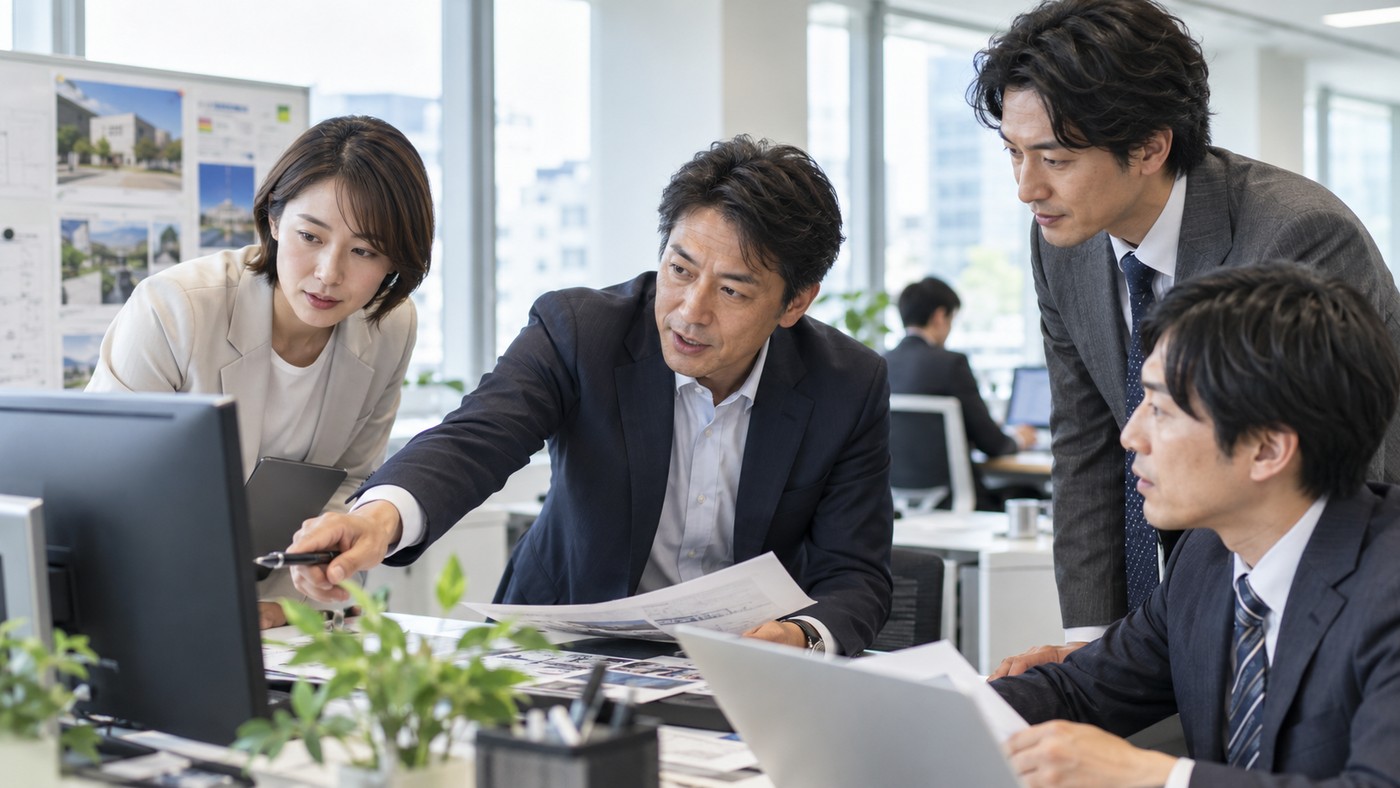 40代の日本人会社員が経験を生かして仕事上の問題へ対応する様子
