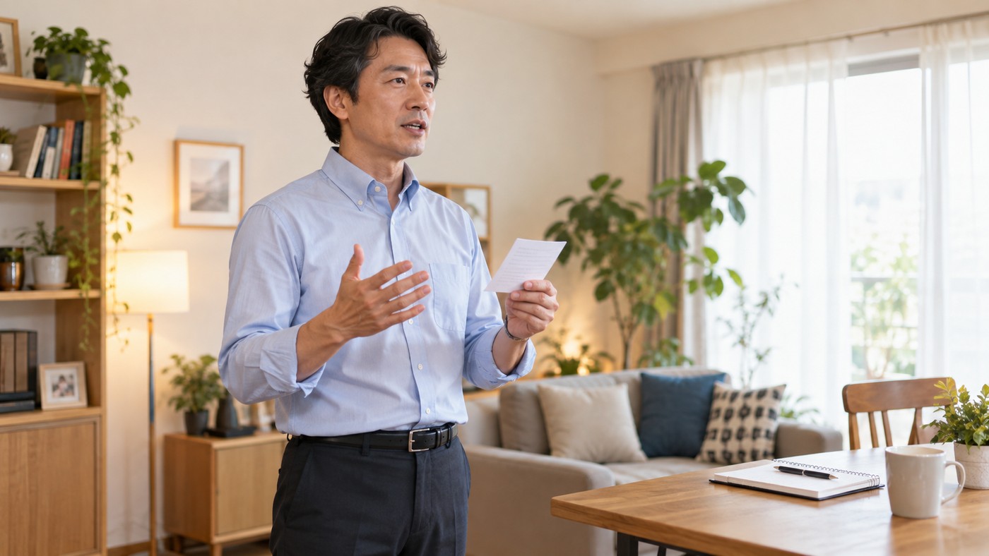 40代の日本人会社員が自宅で声に出して面接練習をする様子