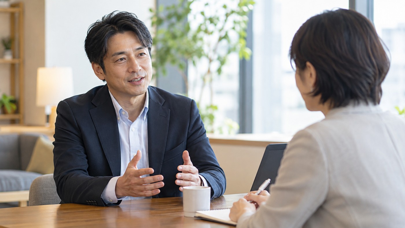 40代の日本人会社員が第三者との対話で面接で話す経験を整理する様子